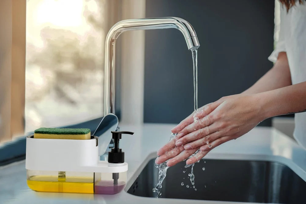 SELL ON 3 IN 1 HAND WASH & DISH SOAP DISPENSER WITH SPONGE HOLDER, Plastic, 1000 ml