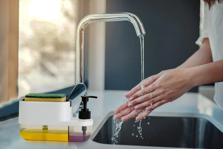 SELL ON 3 IN 1 HAND WASH & DISH SOAP DISPENSER WITH SPONGE HOLDER, Plastic, 1000 ml