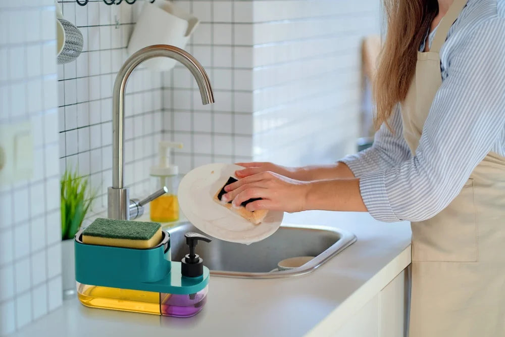 SELL ON 3 IN 1 HAND WASH & DISH SOAP DISPENSER WITH SPONGE HOLDER, Plastic, 1000 ml