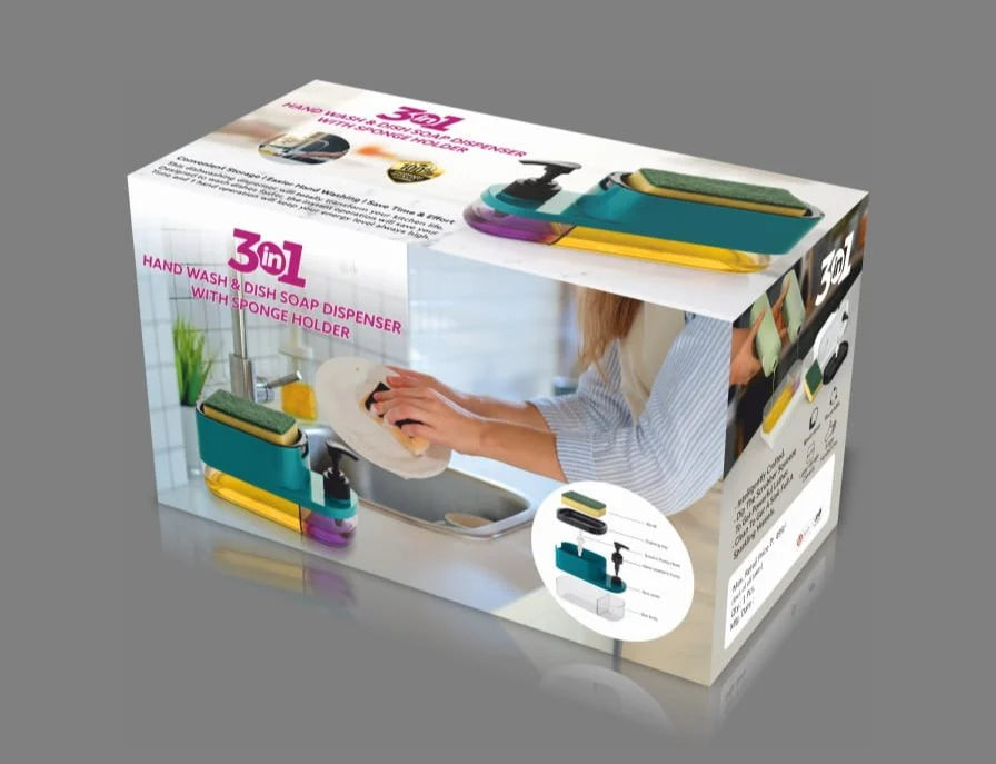 SELL ON 3 IN 1 HAND WASH & DISH SOAP DISPENSER WITH SPONGE HOLDER, Plastic, 1000 ml